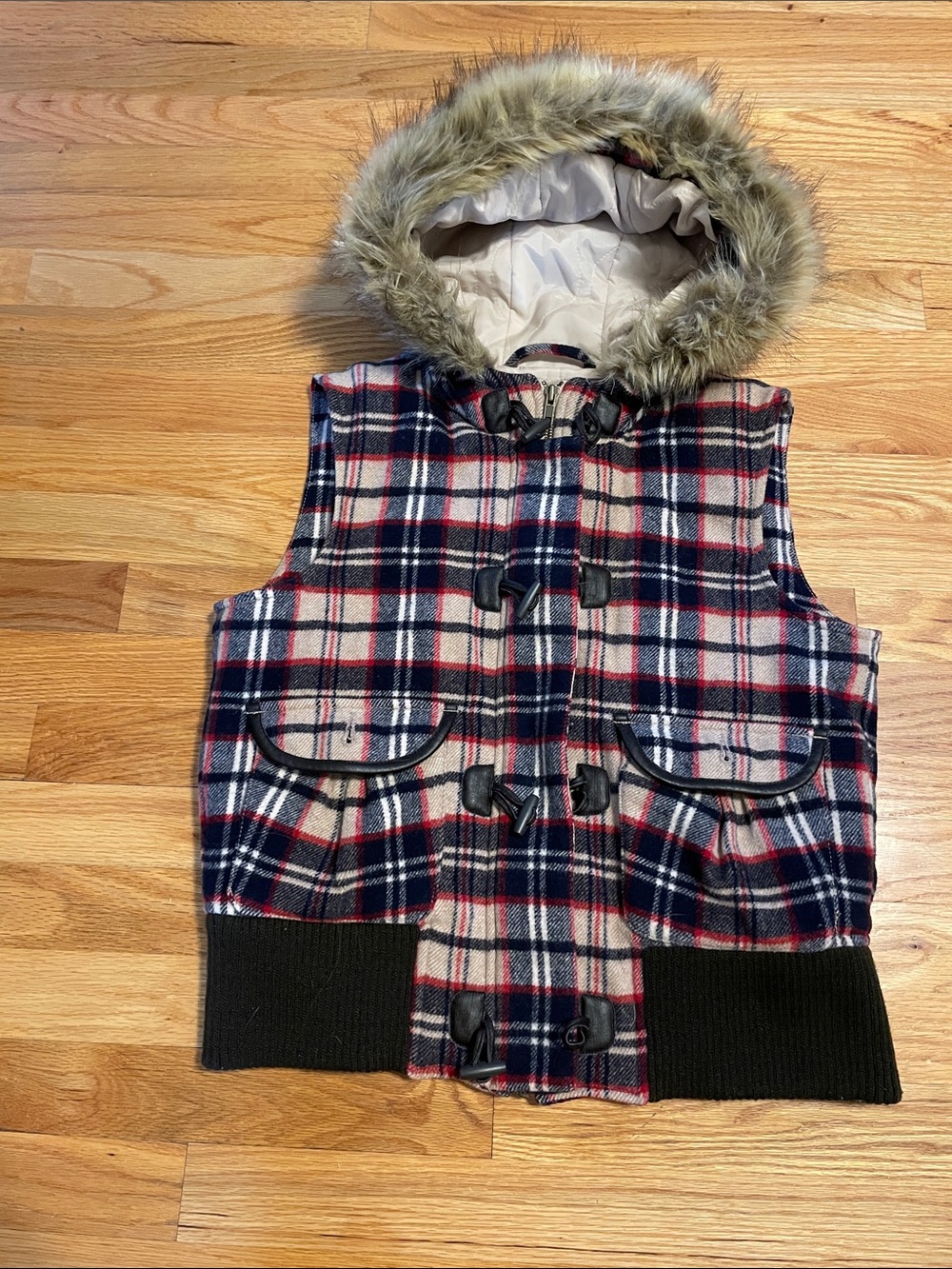 Faux Fur Hooded Plaid Toggle Vest - Red, Black & Tan